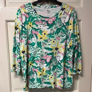 Easter Kim Rogers Spring floral XXL top 3/4 sleeve Bunny Rabbit, flowers, Cotton